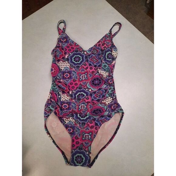ASSETS SPANX MADISON AVE TWIST BANDEAU PINK FLORAL PAISLEY SWIMSUIT size medium - Picture 1 of 3